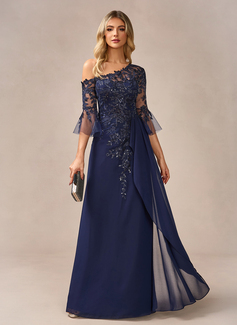A-line One Shoulder Floor-Length Chiffon Lace Evening Dress With Sequins 