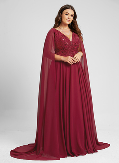 A-Linien-Kleid V-Ausschnitt Pinsel-Schleppe Spitze Chiffon Abendkleid mit Cape-Ärmel Pailletten 