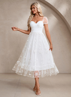 Embroidered Sweetheart Short Sleeve A-line Tulle Midi Dress 