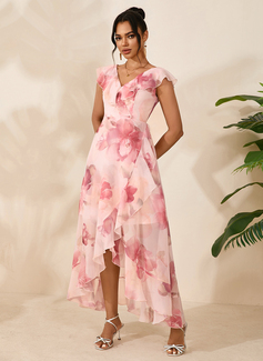 Ruffle Floral Print V-Neck Sleeveless A-line Chiffon Asymmetrical Maxi Dress 