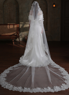 Lace Edge Single Tier Tulle Bridal Cathedral Length Wedding Veils 