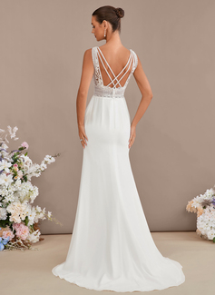 Trumpet/Mermaid V-Neck Sweep Train Lace Chiffon Wedding Dress With Sequins 