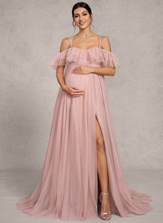 A-line Off the Shoulder Sweep Train Tulle Maternity Dresses With Ruffle 