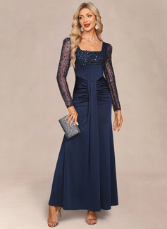 Square Long Sleeve Trumpet/Mermaid Tulle Sequin stretchy fabric Maxi Dress 