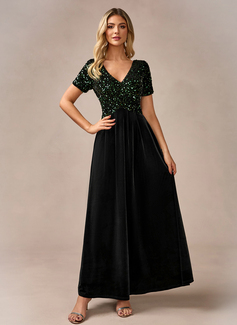 V-Neck Short Sleeve A-line Velvet Sequin Maxi Dress 