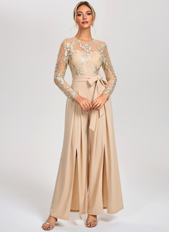 Jumpsuits Illusion Floor-Length Tulle Stretch Crepe Cocktail Dress With Embroidered 