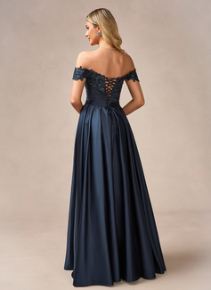 Sheath/Column Off the Shoulder Detachable Floor-Length Satin Lace Evening Dress With Overskirt Sequins Pleated 