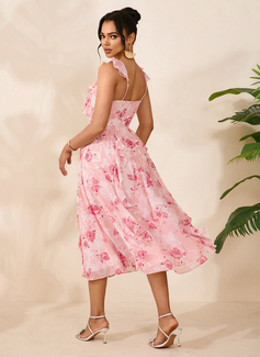 Cascading Ruffles Floral Print Sweetheart Flutter Sleeve A-line Chiffon Midi Dress 
