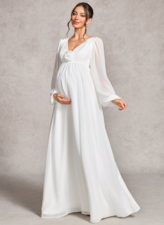 A-line V-Neck Floor-Length Chiffon Maternity Dresses With Pleated 3D Floral 