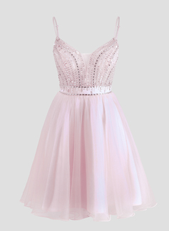 A-line V-Neck Short Tulle Homecoming Dress With Rhinestone Sequins Beading 