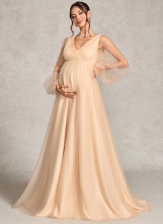 A-line V-Neck Sweep Train Tulle Maternity Dresses With Pleated 