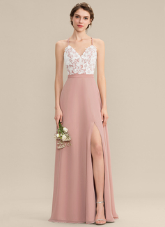 A-line V-Neck Floor-Length Chiffon Lace Bridesmaid Dress 