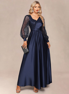 A-line V-Neck Floor-Length Tulle Sequin Satin Evening Dress 