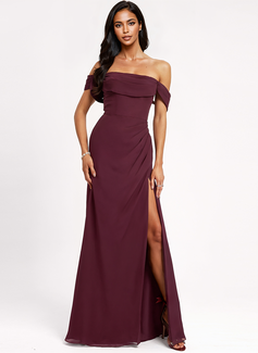 A-line kjole Skulderfri Gulvlengde Chiffon Brudepikekjole med Ruffle 