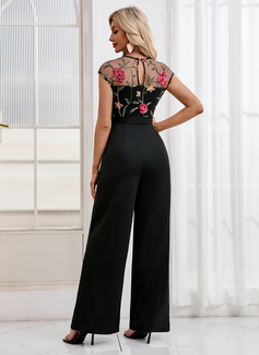 Broderier Rund-halsudskæring Illusion Hætte ærmer Tyl Jersey Maxi Jumpsuits 
