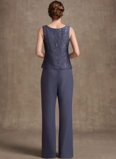 Buksedresser Scoop Gulvlengde Chiffon Blonder Kjole til brudens mor med paljetter 