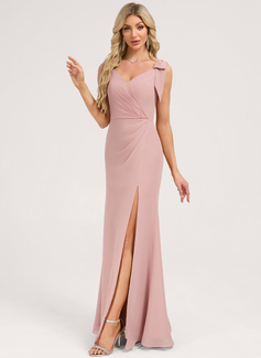 A-line V-Neck Knee-Length Floor-Length Chiffon Bridesmaid Dress With Bow 