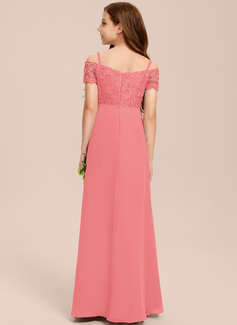 A-line kjole Kald skulder Gulvlengde Chiffon Blonder Brudepikekjole ungdom 