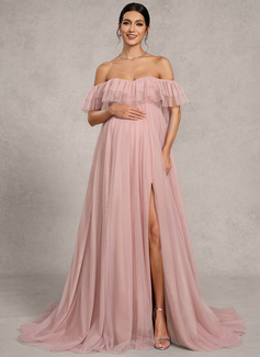A-line Off the Shoulder Sweep Train Tulle Maternity Dresses With Ruffle 
