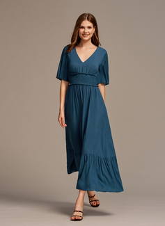 V-hals Kortermer A-line kjole Polyester Midi Motekjoler 