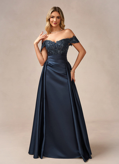 Sheath/Column Off the Shoulder Detachable Floor-Length Satin Lace Evening Dress With Overskirt Sequins Pleated 