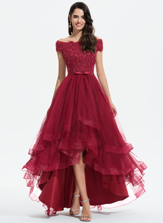 A-Linien-Kleid Carmen Vokuhila Tüll Spitze Abendkleid mit Schleife Pailletten Perlen 