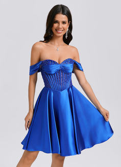 A-line Off the Shoulder Short Satin Homecoming Dress With Rhinestone Pleated Beading 