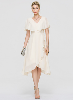 A-line V-Neck Asymmetrical Chiffon Cocktail Dress With Bow Cascading Ruffles 