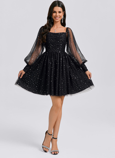 A-line Square Short Tulle Homecoming Dress With Pleated Sequins 