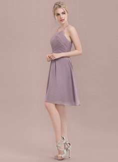 A-formet Scoop Hals Knelengde Chiffong Brudepikekjole med Frynse 