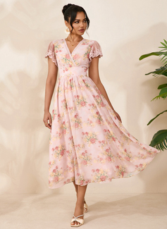 Floral Print V-Neck Short Sleeve A-line Chiffon Midi Dress 