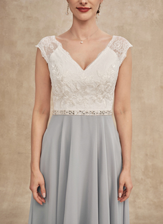 A-Line V-neck Tea-Length Chiffon Lace Mother of the Bride Dress With Beading 