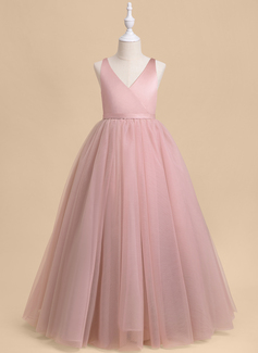 Prinzessin V-Ausschnitt Bodenlang Tüll Satin Blumenmädchenkleid mit Schleife Schärpe 