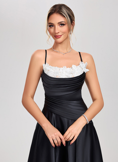 A-line Square Tea-Length Satin Cocktail Dress With Pleated 3D Floral 