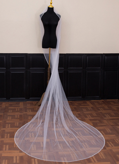 Beading Cut Edge Single Tier Tulle Bridal Cathedral Length Wedding Veils 