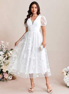 Embroidered V-Neck Short Sleeve A-line Lace Midi Dress 