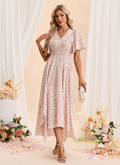 Floral Print Smocked V-Neck Short Sleeve A-line Printed Fabric Asymmetrical Maxi Dress 