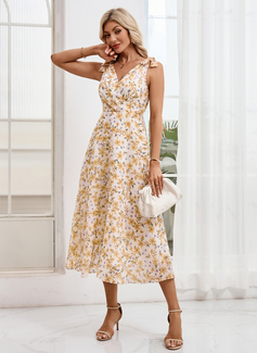 Bow Floral Print V-Neck Sleeveless A-line Chiffon Midi Dress 