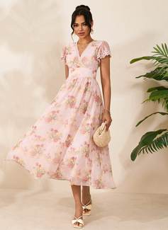 Floral Print V-Neck Short Sleeve A-line Chiffon Midi Dress 