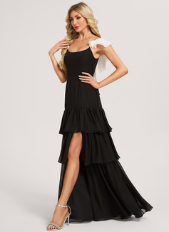 A-line Scoop Floor-Length Chiffon Bridesmaid Dress With Cascading Ruffles Black and White 