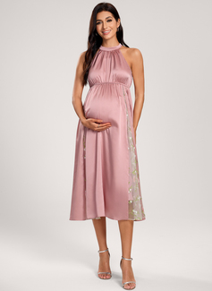A-line Halter Tea-Length Maternity Dresses With Lace Pleated 