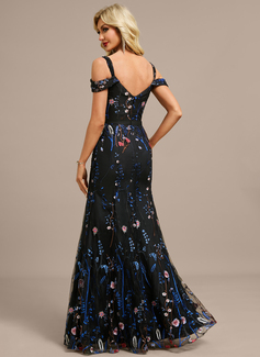 Sheath/Column Cold Shoulder Off the Shoulder Floor-Length Floral Lace Evening Dress 