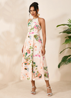 Floral Print Halter Sleeveless A-line Printed Fabric Midi Dress 