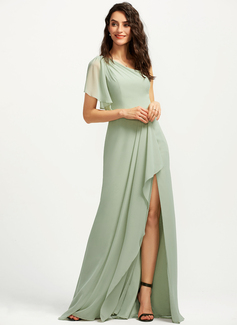 A-Line One-Shoulder Floor-Length Bridesmaid Dress With Ruffle Split Front 