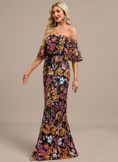 Sheath/Column Off the Shoulder Floor-Length Lace Floral Sequin Evening Dress With Bow 