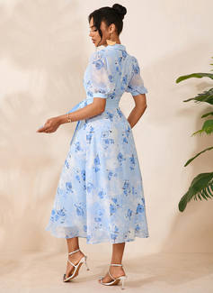 Floral Print Collared Short Sleeve A-line Printed Fabric Midi Dress 