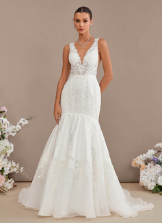 Trumpet/Mermaid V-Neck Court Train Organza Satin Lace Wedding Dress With Sequins 
