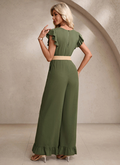 Ruffle V-Neck Flutter Sleeve Crepe Maxi Jumpsuits 