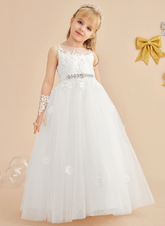 A-Linien-Kleid Rundhals Bodenlang Spitze Tüll Blumenmädchenkleid 