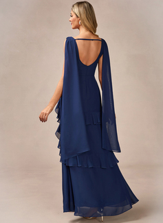 A-line Cowl Floor-Length Chiffon Evening Dress With Cascading Ruffles Cape 